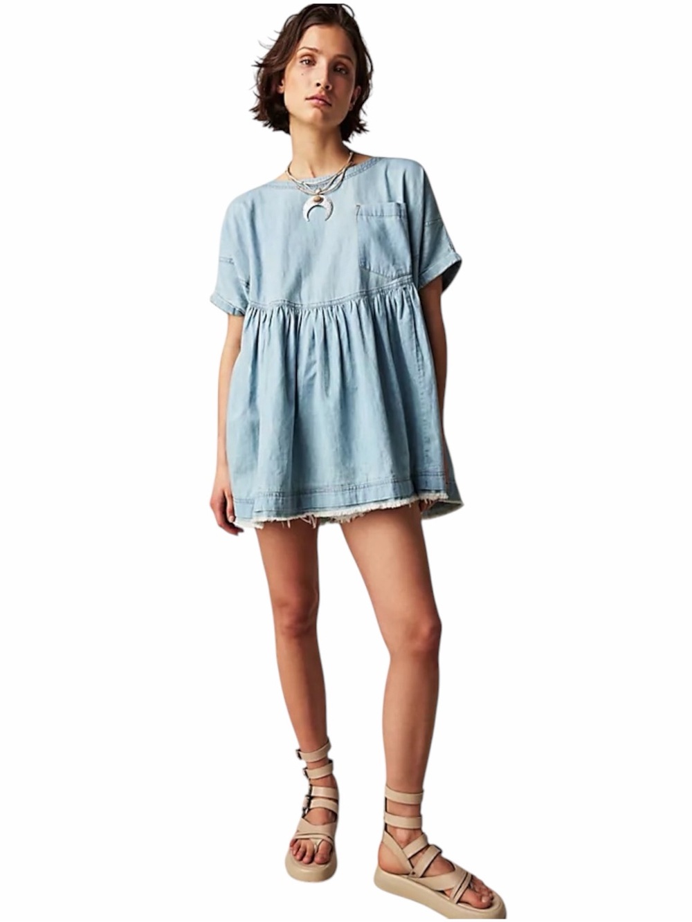 Free People Light Wash Moon City Denim Tunic Oversized Top Womens S